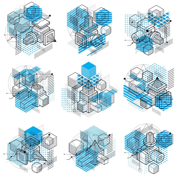 Fondos abstractos con líneas isométricas, ilustraciones vectoriales. Plantillas realizadas con cubos, hexágonos, cuadrados, rectángulos y diferentes elementos abstractos. Conjunto de vectores.