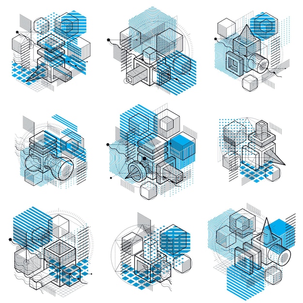 Fondos abstractos con líneas isométricas, ilustraciones vectoriales. Plantillas realizadas con cubos, hexágonos, cuadrados, rectángulos y diferentes elementos abstractos. Conjunto de vectores.