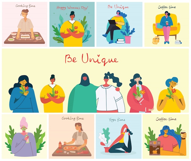Fondos de actividades de mujeres. Mujeres haciendo yoga, cocina, lectura y concepto de trabajo en el estilo plano