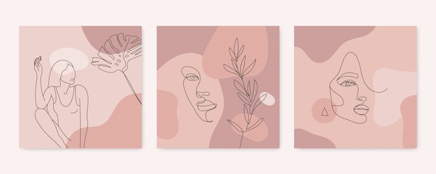 Fondos de belleza vectorial historias de redes sociales publicaciones diseños de alimentación Conjunto de ilustraciones con una línea continua cara de mujer cuerpo y hojas Collage contemporáneo con manchas cuadradas