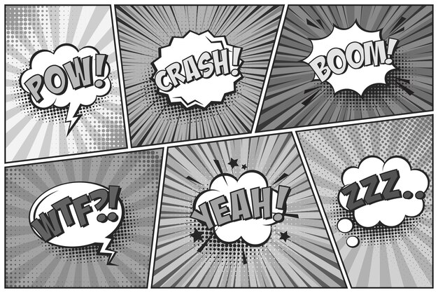 Fondos de cómics de dibujos animados, juegos de habla, burbujas, cómics, libros, póster en blanco y negro con medio tono.