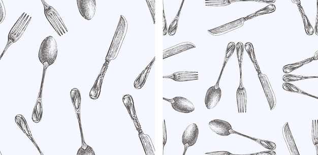 Fondos sin costuras de horquillas vintage dibujadas cucharas y cuchillos patrón vectorial papel tapiz papel textil