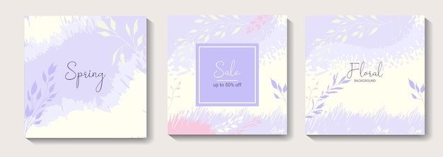 Fondos cuadrados de primavera con elementos florales hojas plantilla vectorial editable para tarjeta de felicitación