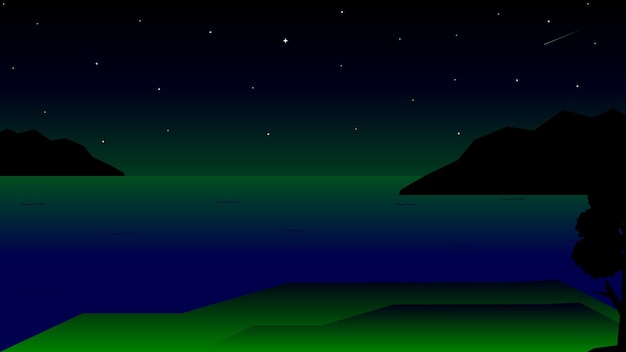 Fondos de escritorio vectoriales. Vista de un océano solitario por la noche con pequeñas islas a ambos lados.