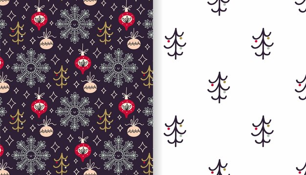 Fondos festivos con bolas de Navidad copos de nieve y abetos Conjunto de patrones sin fisuras de vector