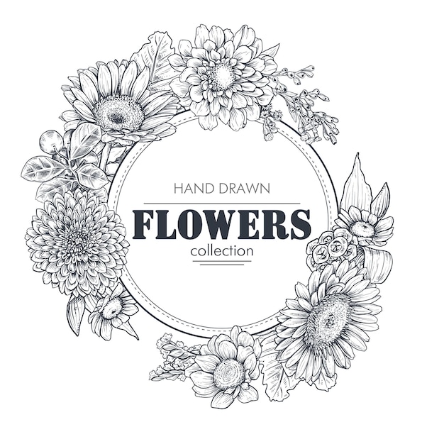 Fondos florales con flores y plantas dibujadas a mano ilustración de vector monocromo en estilo boceto