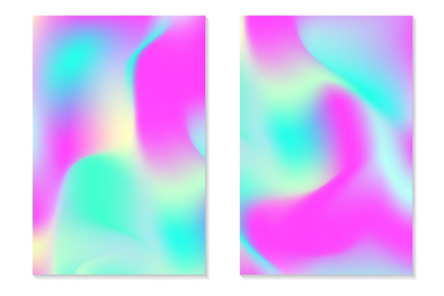 Fondos de holograma degradado. Conjunto de coloridos carteles holográficos en estilo retro. Vibrante textura pastel de neón. Plantilla de degradado vectorial para volante, banner, pantalla móvil.