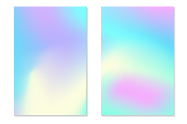 Fondos de holograma degradado. Conjunto de coloridos carteles holográficos en estilo retro. Vibrante textura pastel de neón. Plantilla de degradado vectorial para volante, banner, pantalla móvil.