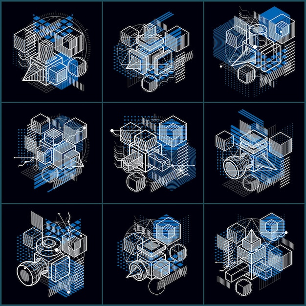 Fondos isométricos abstractos, diseño vectorial 3d. Composiciones de cubos, hexágonos, cuadrados, rectángulos y diferentes elementos abstractos. Colección de vectores.
