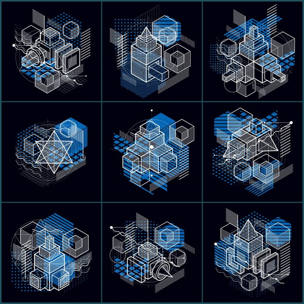 Fondos isométricos abstractos, diseño vectorial 3d. Composiciones de cubos, hexágonos, cuadrados, rectángulos y diferentes elementos abstractos. colección de vectores.
