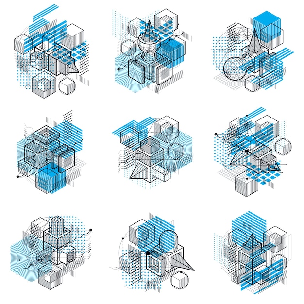 Vector fondos isométricos abstractos, diseño vectorial 3d. composiciones de cubos, hexágonos, cuadrados, rectángulos y diferentes elementos abstractos. colección de vectores.