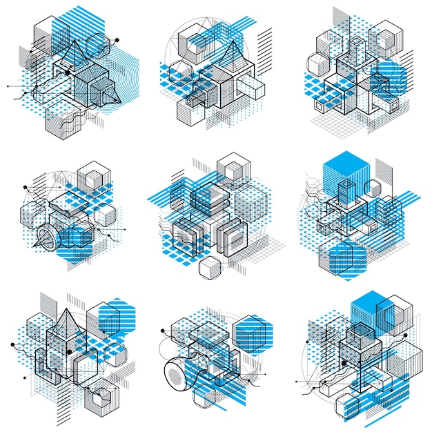 Fondos isométricos vectoriales abstractos 3d. Diseños de cubos, hexágonos, cuadrados, rectángulos y diferentes elementos abstractos. colección de vectores.