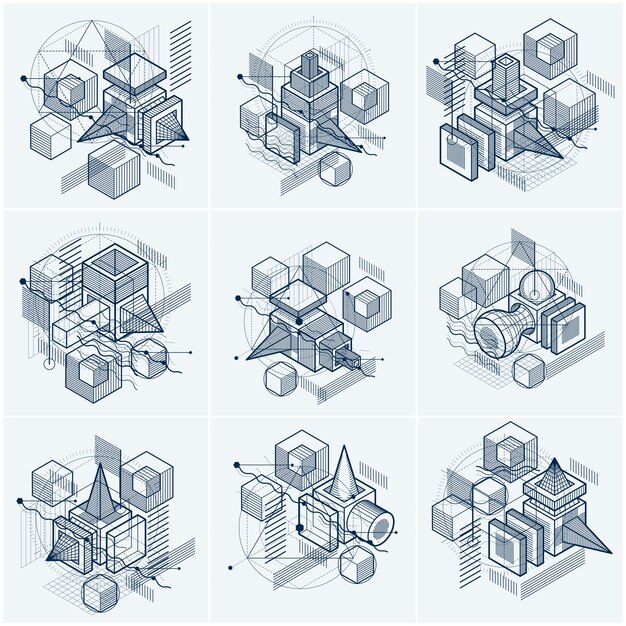 Fondos isométricos vectoriales abstractos 3d. diseños de cubos, hexágonos, cuadrados, rectángulos y diferentes elementos abstractos. colección de vectores.