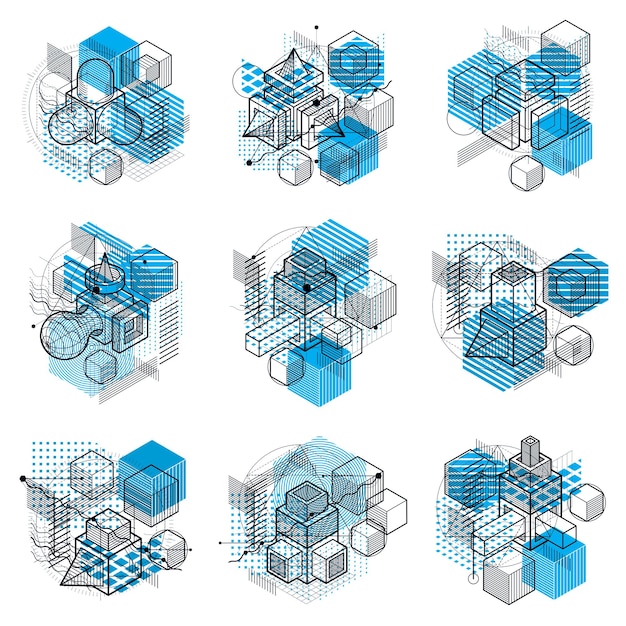 Fondos isométricos vectoriales abstractos 3d. Diseños de cubos, hexágonos, cuadrados, rectángulos y diferentes elementos abstractos. colección de vectores.