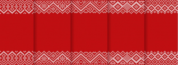 Fondos de Navidad con adornos geométricos. Conjunto de patrones de punto. Diseño sin costuras de año nuevo de punto