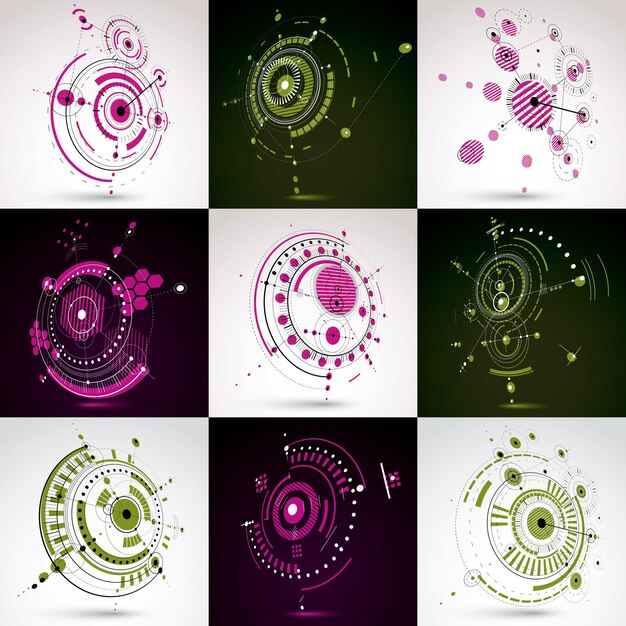 Fondos de pantalla retro Bauhaus, conjunto de fondos vectoriales de arte hechos con cuadrícula de líneas y círculos. La ilustración gráfica geométrica de los años 60 se puede utilizar como diseño de portada de folletos. Patrones tecnológicos.