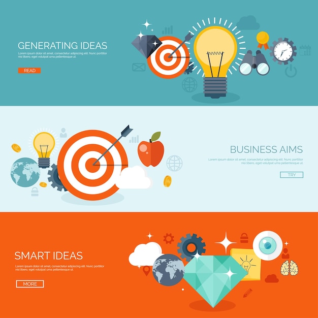 Los fondos planos de ilustración vectorial establecen nuevas ideas, soluciones inteligentes, objetivos empresariales, orientación al trabajo en equipo