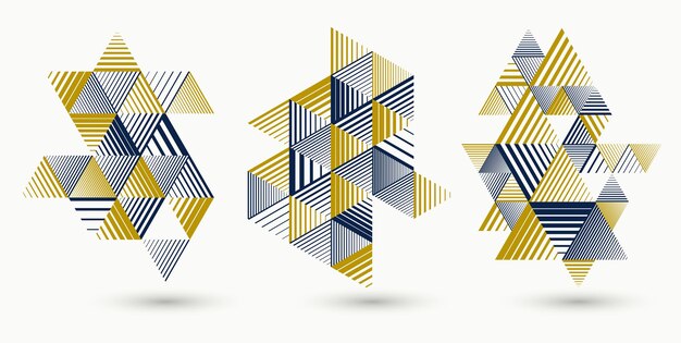 Fondos poligonales abstractos con triángulos rayados y diseños vectoriales de cubos 3D establecidos. Plantillas para diferentes publicidades o portadas o banners. Elementos gráficos de estilo retro.