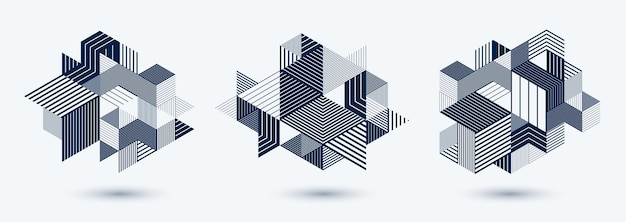 Fondos poligonales abstractos con triángulos rayados y diseños vectoriales de cubos 3D establecidos. Plantillas para diferentes publicidades o portadas o banners. Elementos gráficos de estilo retro.