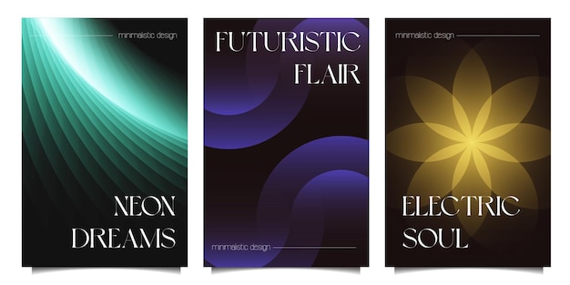 Los fondos retro-futuristas abstractos se establecen con plantillas de carteles que multiplican las elegantes pancartas con