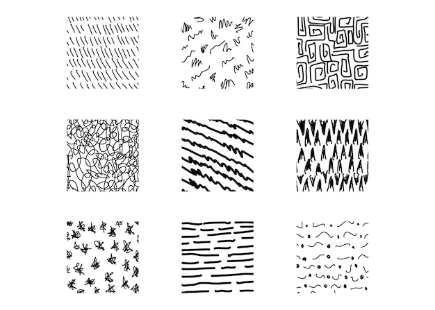 Los fondos de textura de forma cuadrada abstracta las manchas de garabateo de línea las gotas de onda los patrones de curva