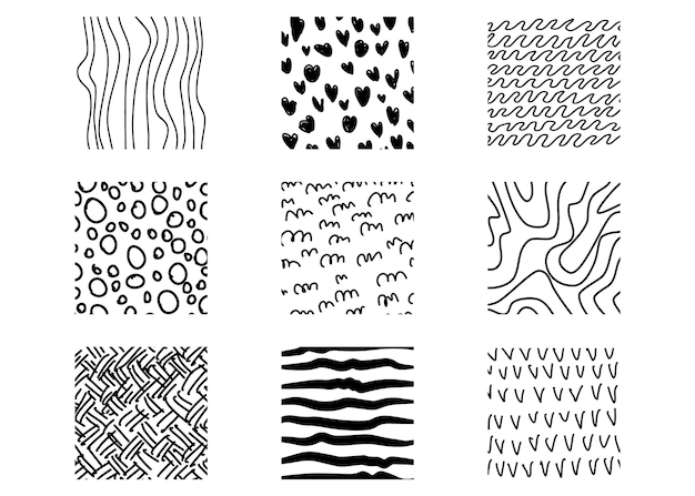 Los fondos de textura de forma cuadrada abstracta las manchas de garabateo de línea las gotas de onda los patrones de curva