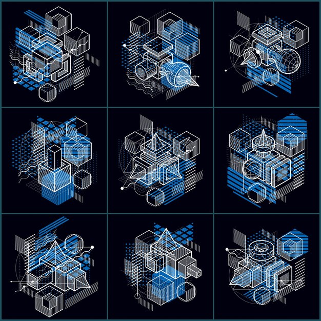 Fondos vectoriales abstractos lineales isométricos, abstracciones rayadas. Cubos, hexágonos, cuadrados, rectángulos y diferentes elementos abstractos. Conjunto de vectores.