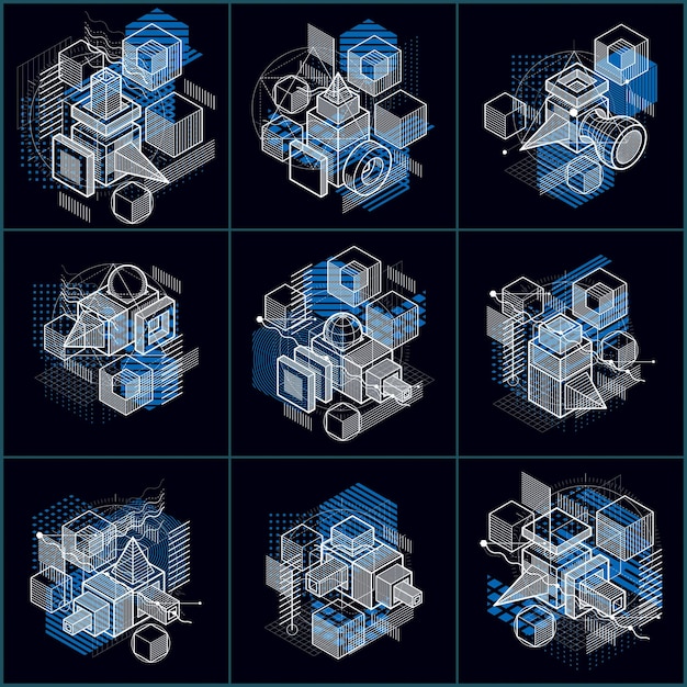 Fondos vectoriales abstractos lineales isométricos, abstracciones rayadas. Cubos, hexágonos, cuadrados, rectángulos y diferentes elementos abstractos. Conjunto de vectores.