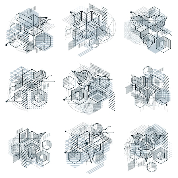 Fondos vectoriales abstractos lineales isométricos, abstracciones revestidas. Cubos, hexágonos, cuadrados, rectángulos y diferentes elementos abstractos. Conjunto de vectores.
