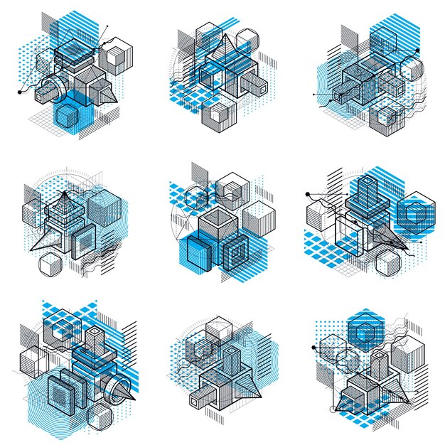 Fondos vectoriales abstractos con líneas y formas isométricas. cubos, hexágonos, cuadrados, rectángulos y diferentes elementos abstractos. colección de vectores.