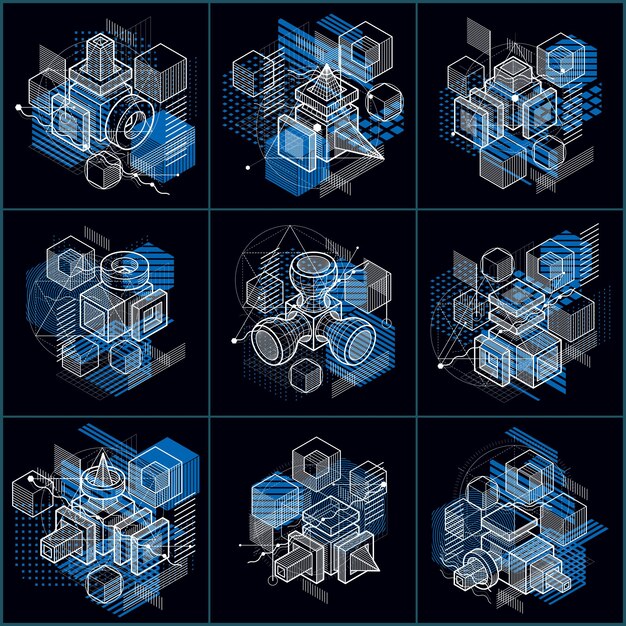 Fondos vectoriales abstractos con líneas y formas isométricas. Cubos, hexágonos, cuadrados, rectángulos y diferentes elementos abstractos. Colección de vectores.