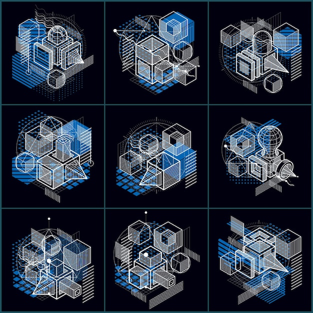 Fondos vectoriales abstractos con líneas y formas isométricas. Cubos, hexágonos, cuadrados, rectángulos y diferentes elementos abstractos. Colección de vectores.