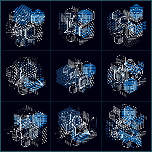 Fondos vectoriales abstractos con líneas y formas isométricas. Cubos, hexágonos, cuadrados, rectángulos y diferentes elementos abstractos. Colección de vectores.