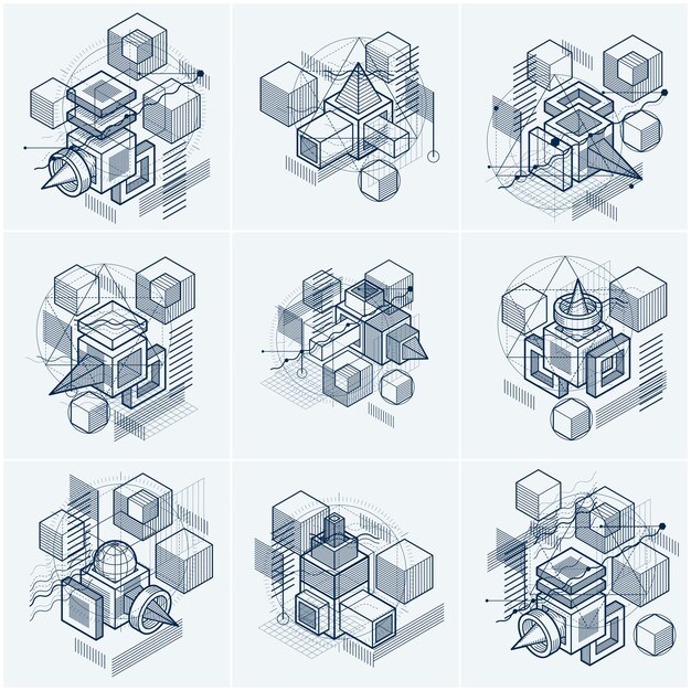 Fondos vectoriales abstractos con líneas y formas isométricas. Cubos, hexágonos, cuadrados, rectángulos y diferentes elementos abstractos. Colección de vectores.