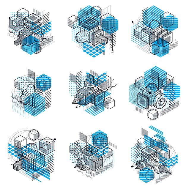 Fondos vectoriales abstractos con líneas y formas isométricas. Cubos, hexágonos, cuadrados, rectángulos y diferentes elementos abstractos. colección de vectores.