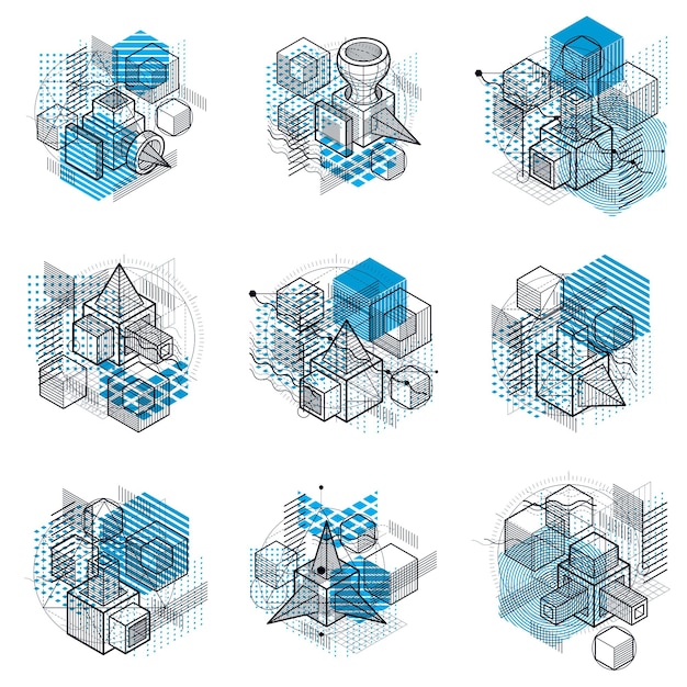 Fondos vectoriales con líneas y figuras isométricas abstractas. Plantillas hechas con cubos, hexágonos, cuadrados, rectángulos y diferentes elementos abstractos. Conjunto vectorial.
