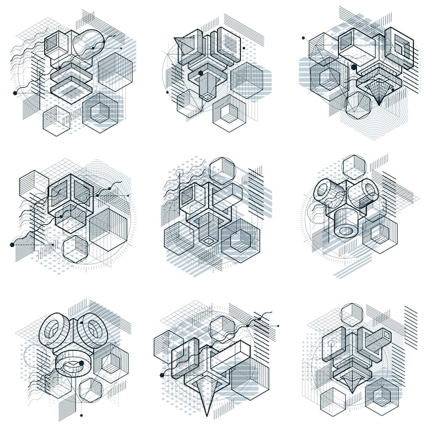 Fondos vectoriales con líneas y figuras isométricas abstractas. Plantillas hechas con cubos, hexágonos, cuadrados, rectángulos y diferentes elementos abstractos. Conjunto vectorial.