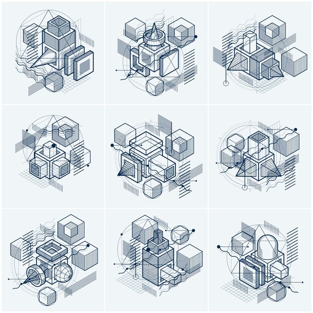 Fondos vectoriales con líneas y figuras isométricas abstractas. Plantillas realizadas con cubos, hexágonos, cuadrados, rectángulos y diferentes elementos abstractos. Conjunto de vectores.