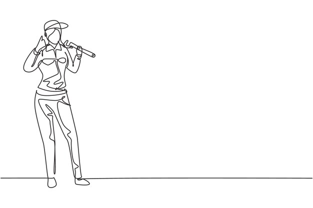Una fontanera de dibujo continuo de una línea se para con un gesto de llamarme y sostiene una herramienta de carpintería