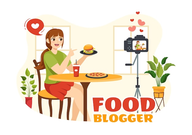 Vector food blogger vector illustration with influencer review and share it on the blog in flat cartoon