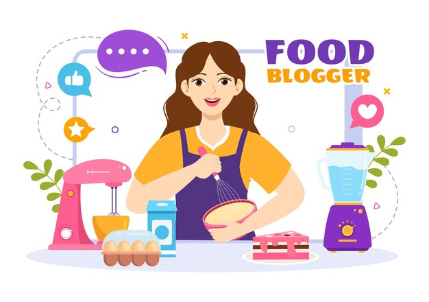 Food Blogger Vector Illustration with Influencer Review and Share it on the Blog in Flat Cartoon