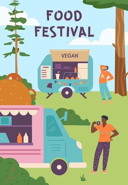 Vector food festival invitation flyer template vegan food truck con gente relajándose en la naturaleza vector plano