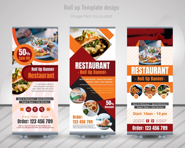 Vector food roll up banner design para restaurante