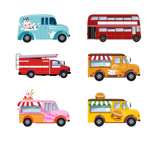 Food Truck Bus Milk Van y Fire Engine como conjunto vectorial de vista lateral del tráfico de la ciudad