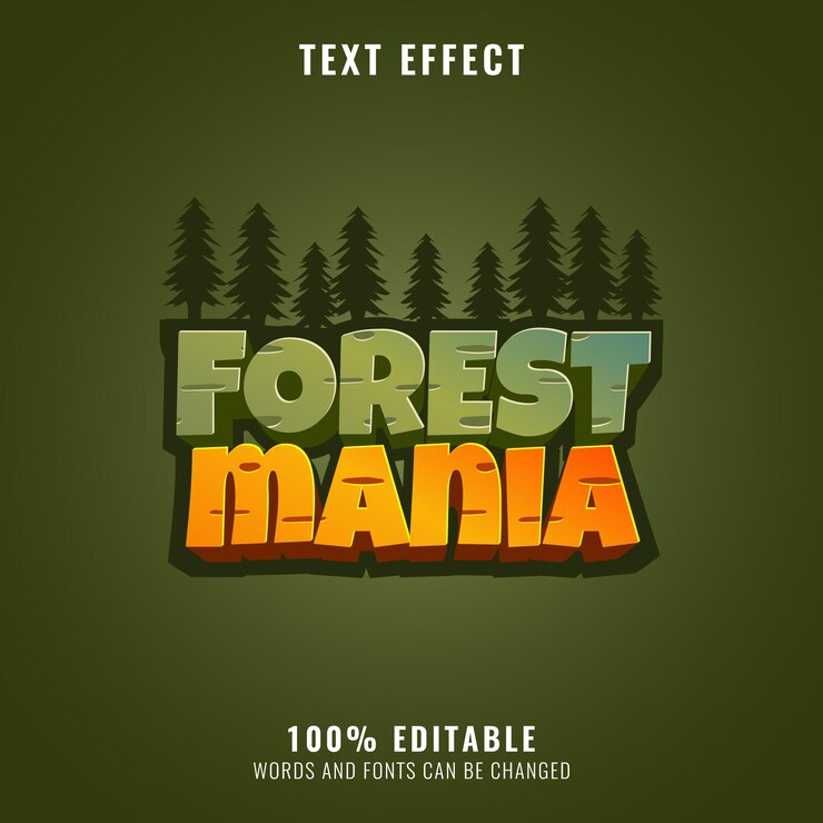 Vector forest mania con efecto de texto del título del logotipo del juego de silueta de la jungla