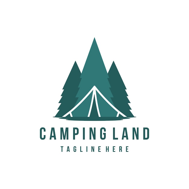 Forest Mountain camping logo línea arte verano camping vector ilustración con carpa y pinos