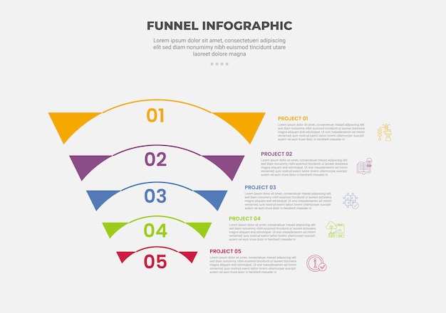 forma de base del embudo estilo de esquema infográfico con plantilla de 5 puntos con embudo inverso con línea redonda para la presentación de diapositivas