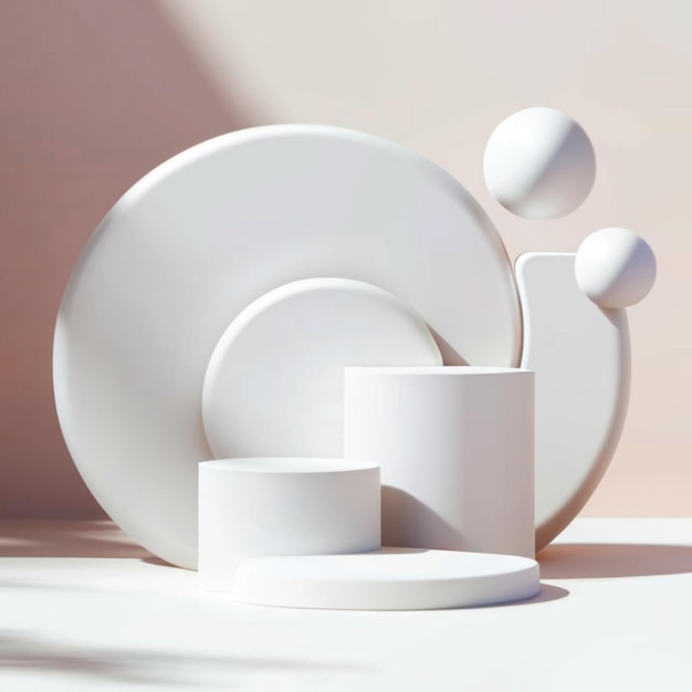 Forma blanca 3D que sirve como pedestal o podio y está rodeada por sus alrededores