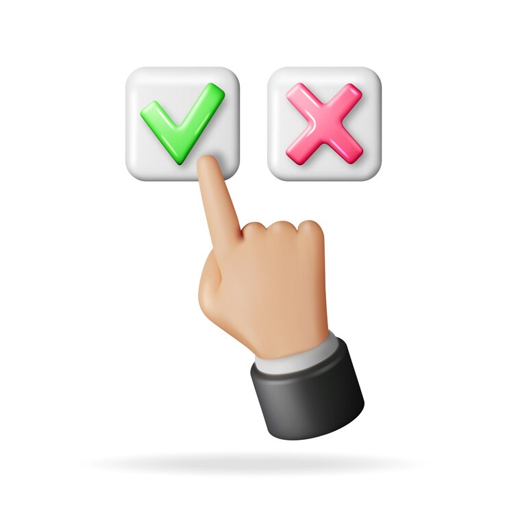 Vector forma de botón 3d correcto e incorrecto y verde de la mano sí y rojo no correcto signo incorrecto marca de verificación rechazo de garrapata cancelar error detener acuerdo negativo aprobación o símbolo de confianza ilustración vectorial