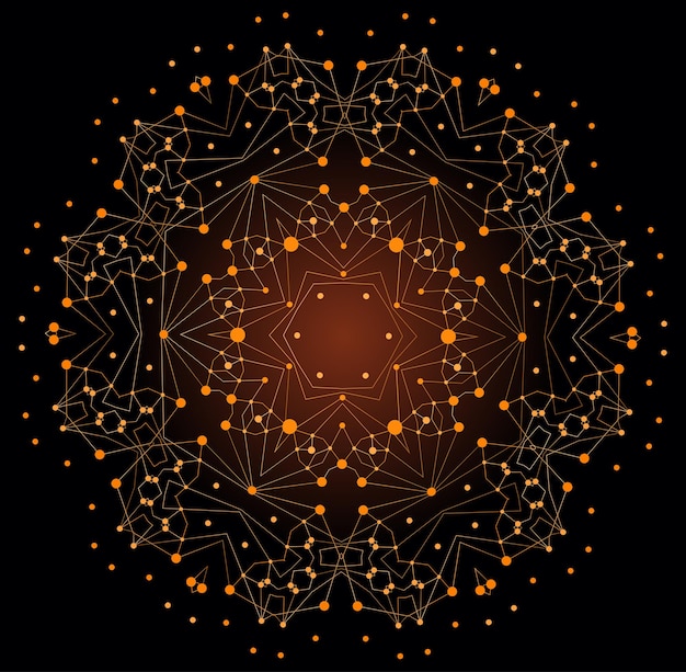 Forma brillante colorida vectorial, estructura molecular con fondo de líneas y puntos.